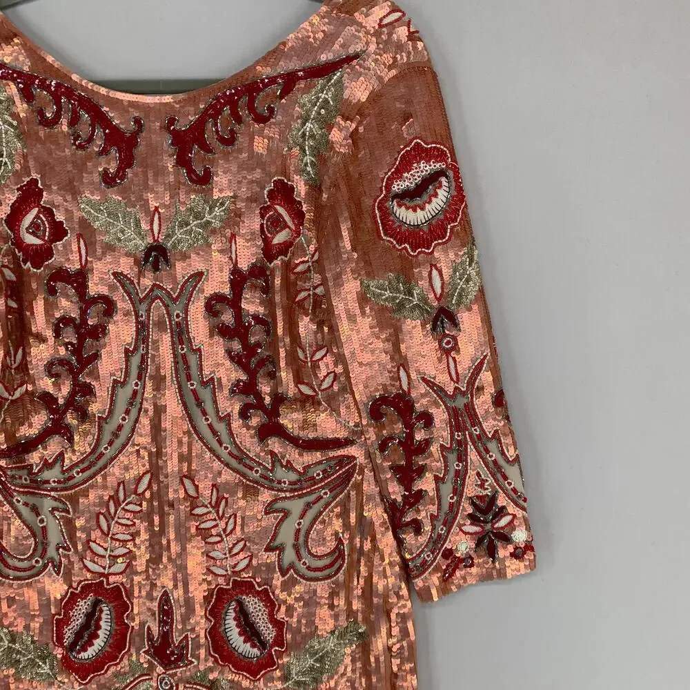 Needle & Thread Tapestry Motif Mini Dress US 6 Rose Gold Sequin Cocktail - Picture 3 of 16